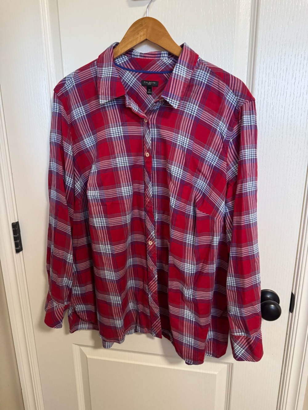 Talbots Plus Size 2X Red Plaid Long Sleeve Cotton Button-Down Blouse